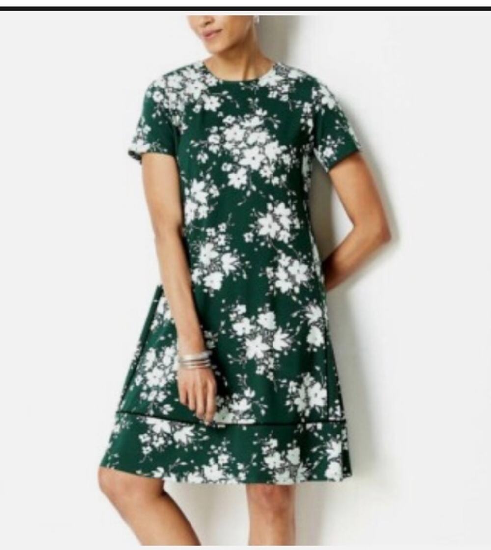 J. Jill Wearever Collection Knit Perfect Shift Dress Green Floral S Petite